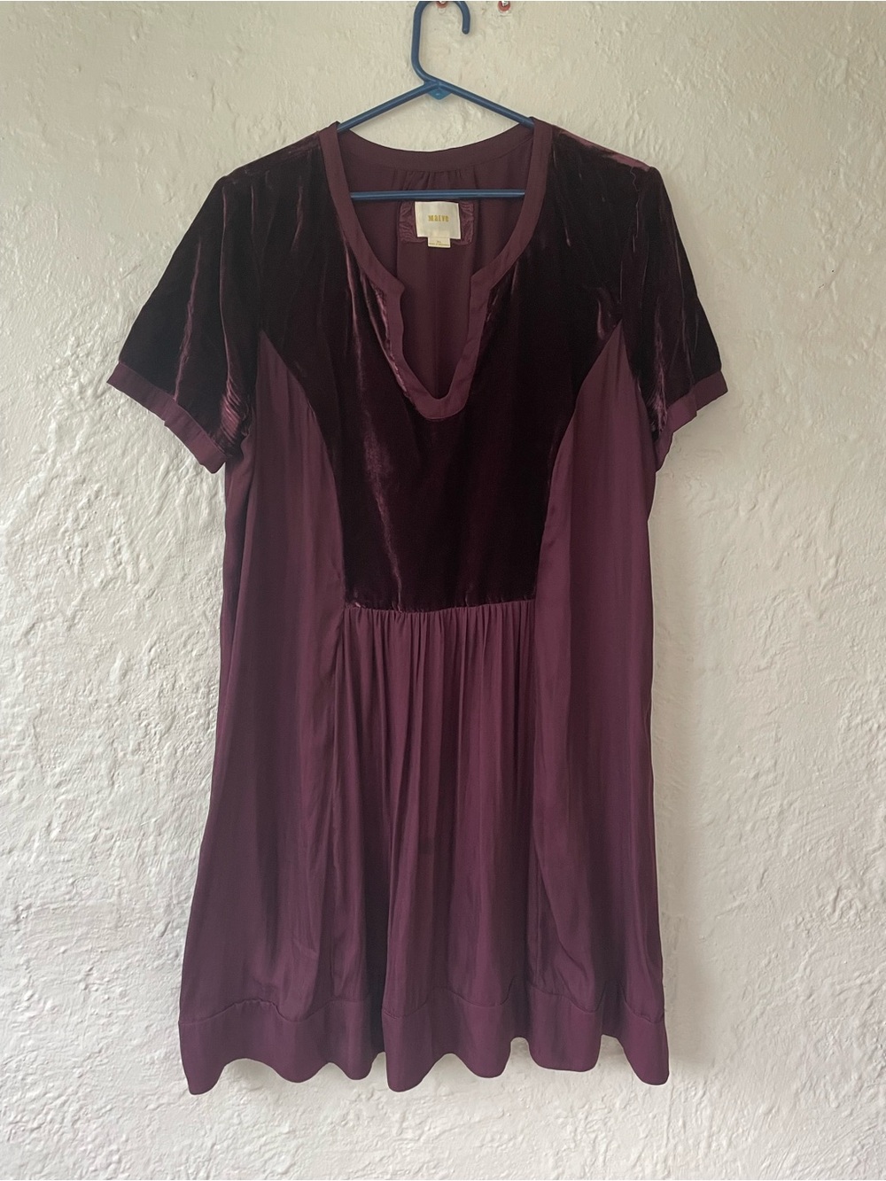 MAEVE Boho Burgundy Velvet & Rayon Tunic Dress Knee Length Short Sleeve; XL